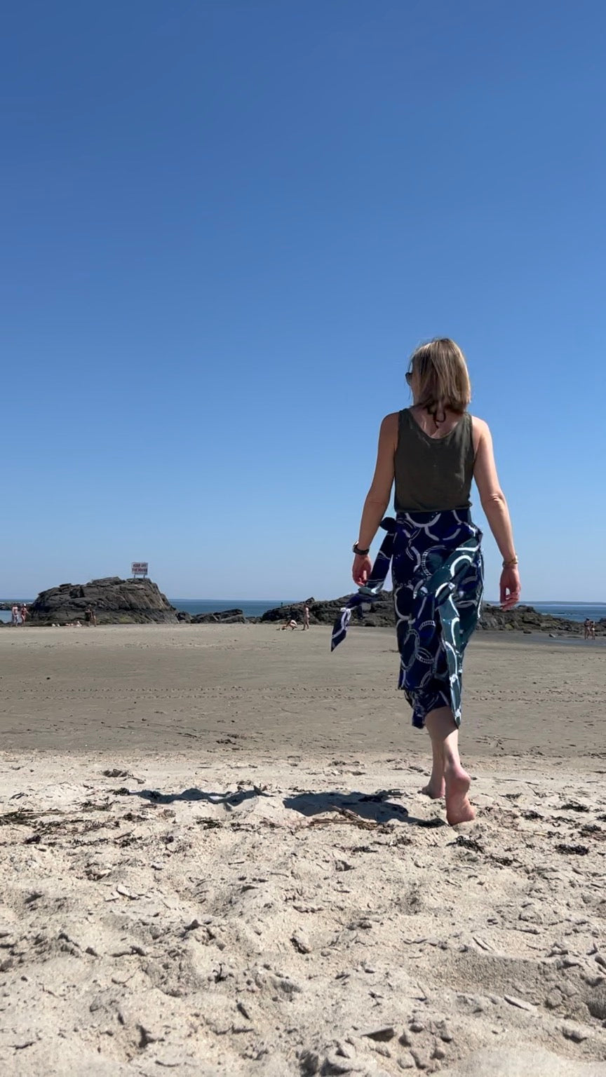 Wrap Long Skirt with teal nautic design African print back side