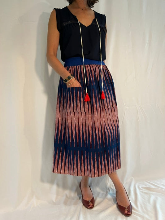Blue + Burgundy Elastic Waist Midi Skirt