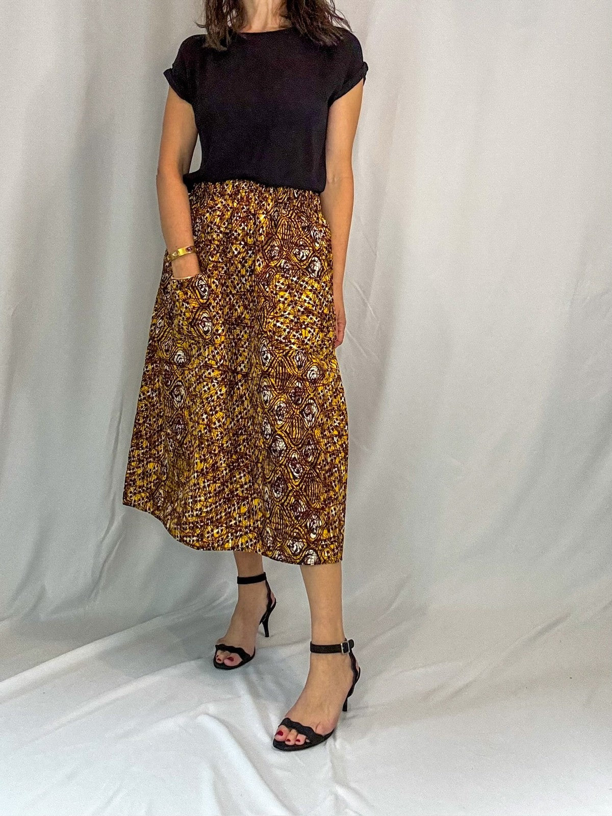 Bronze Harmony Elastic Waist Midi Skirt