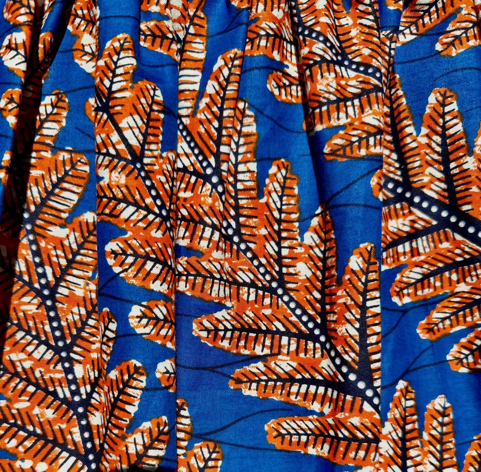 Elastic Waist Mini Skirt African Print Blue and Orange close up