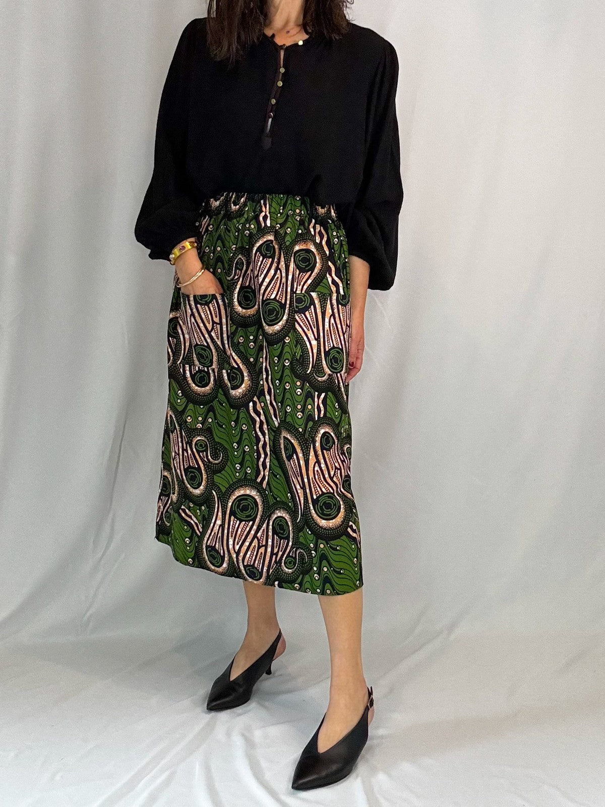 Verde Royale Elastic Waist Midi Skirt