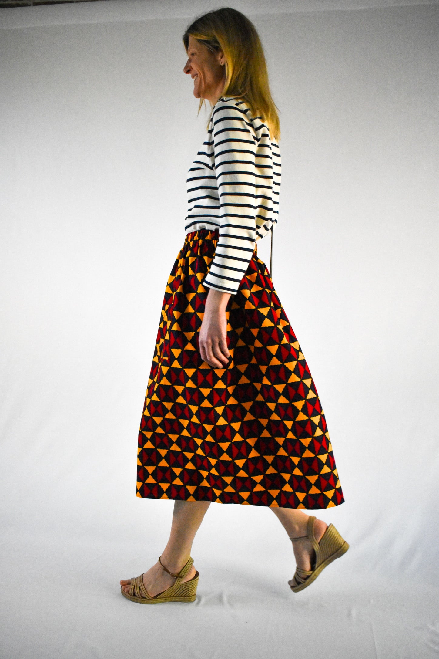 Red & Yellow Diamonds Elastic Waist Midi Skirt