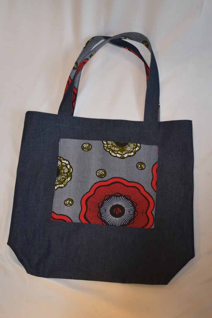 Denim Red Flowers great big bag African print flat
