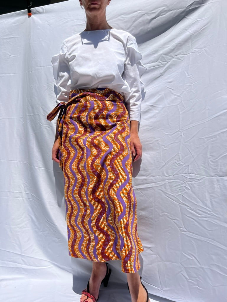 A line Long Wrap Cotton Skirt With Orange Lilac Ribbon African Print ons m