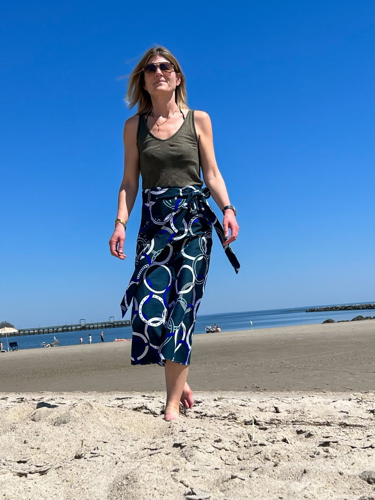 Wrap Long Skirt with teal nautic design African print