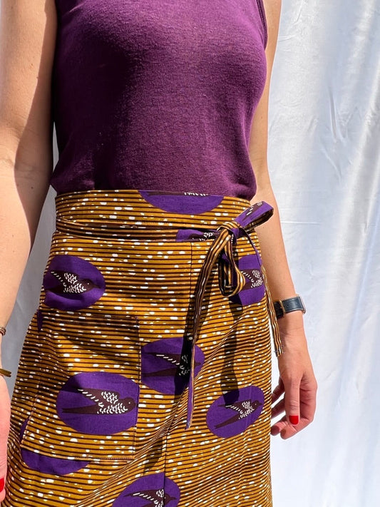 Aline Handmade Purple Birds Midi Wrap Skirt onsēm