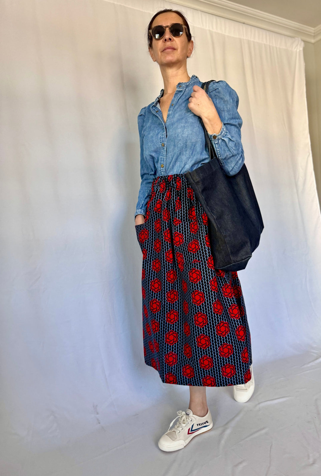 Red Flowers Elastic Waist Midi Skirt