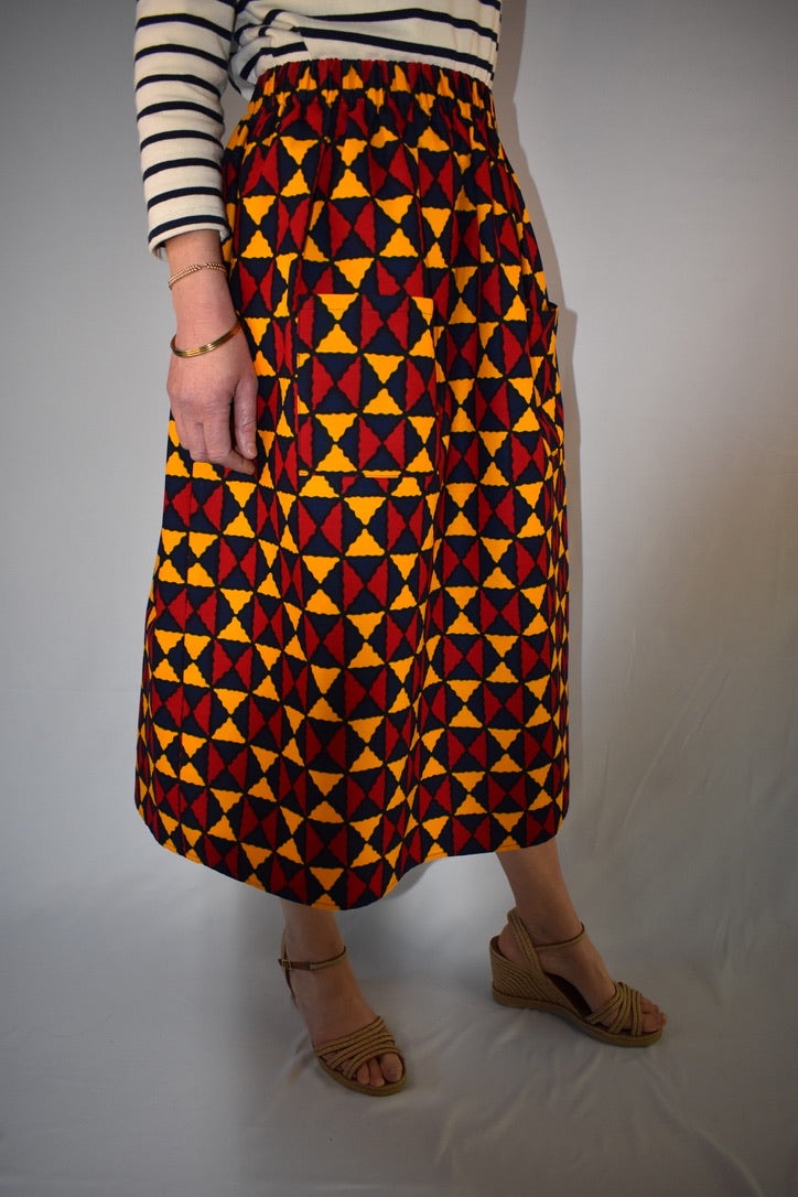 Red & Yellow Diamonds Elastic Waist Midi Skirt