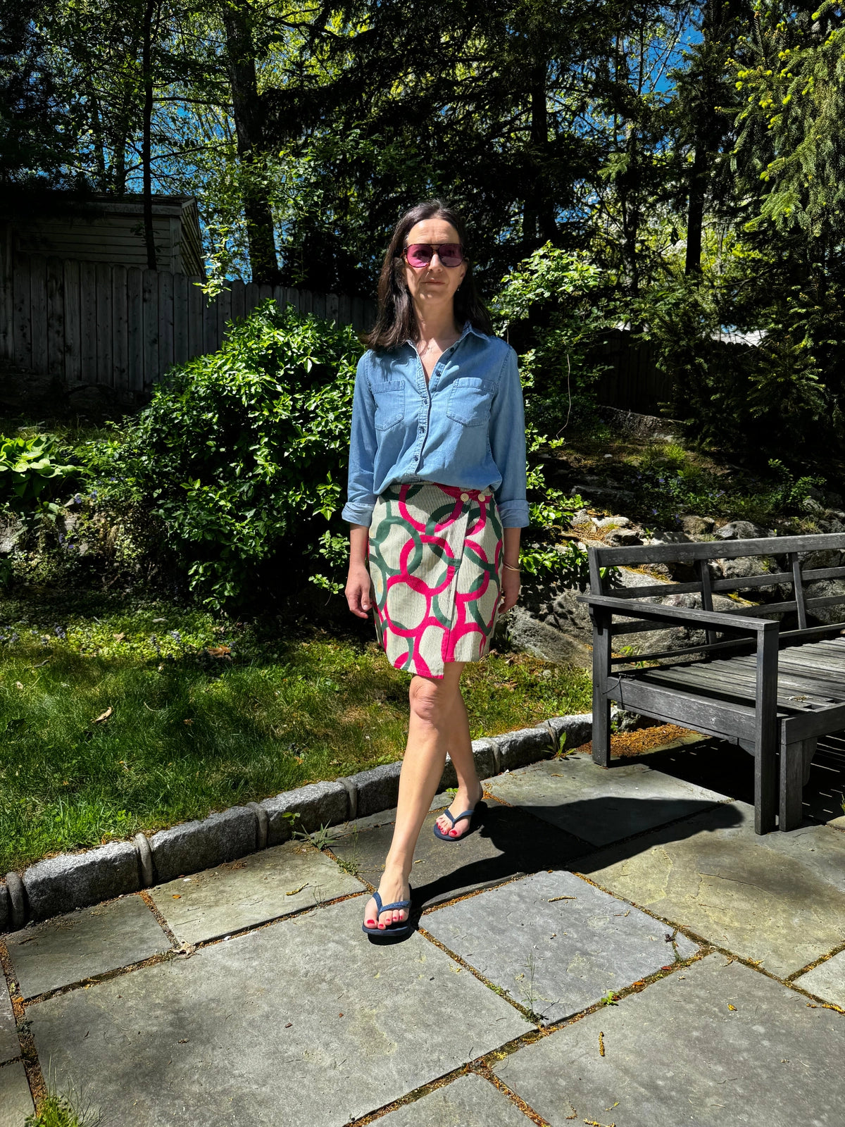 Green & Pink Mini Wrap Skirt with buttons