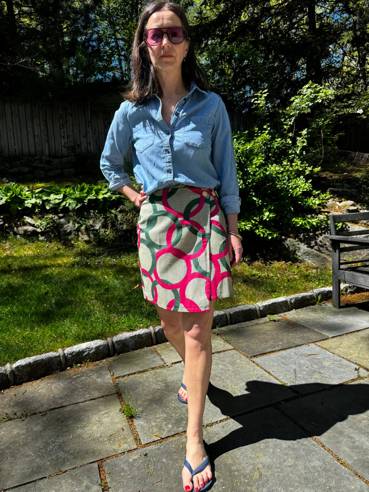Green & Pink Mini Wrap Skirt with buttons