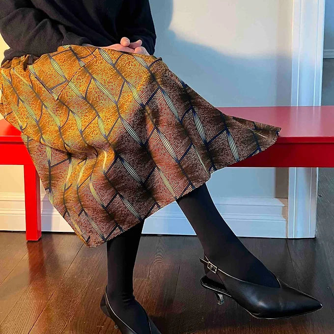Gold & Navy Elastic waist midi skirt African print sunlight