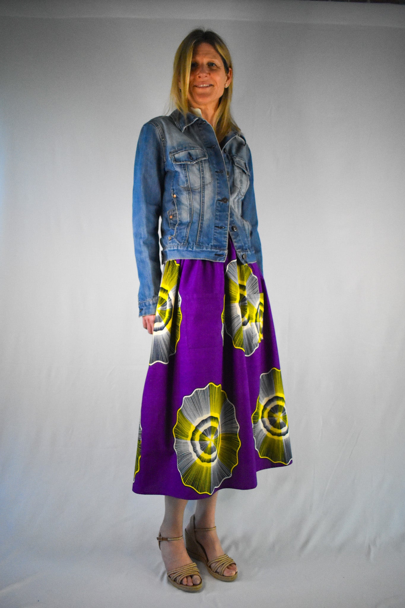 Vibrant Purple Yellow Elastic Waist Cotton Midi Skirt With Pockets