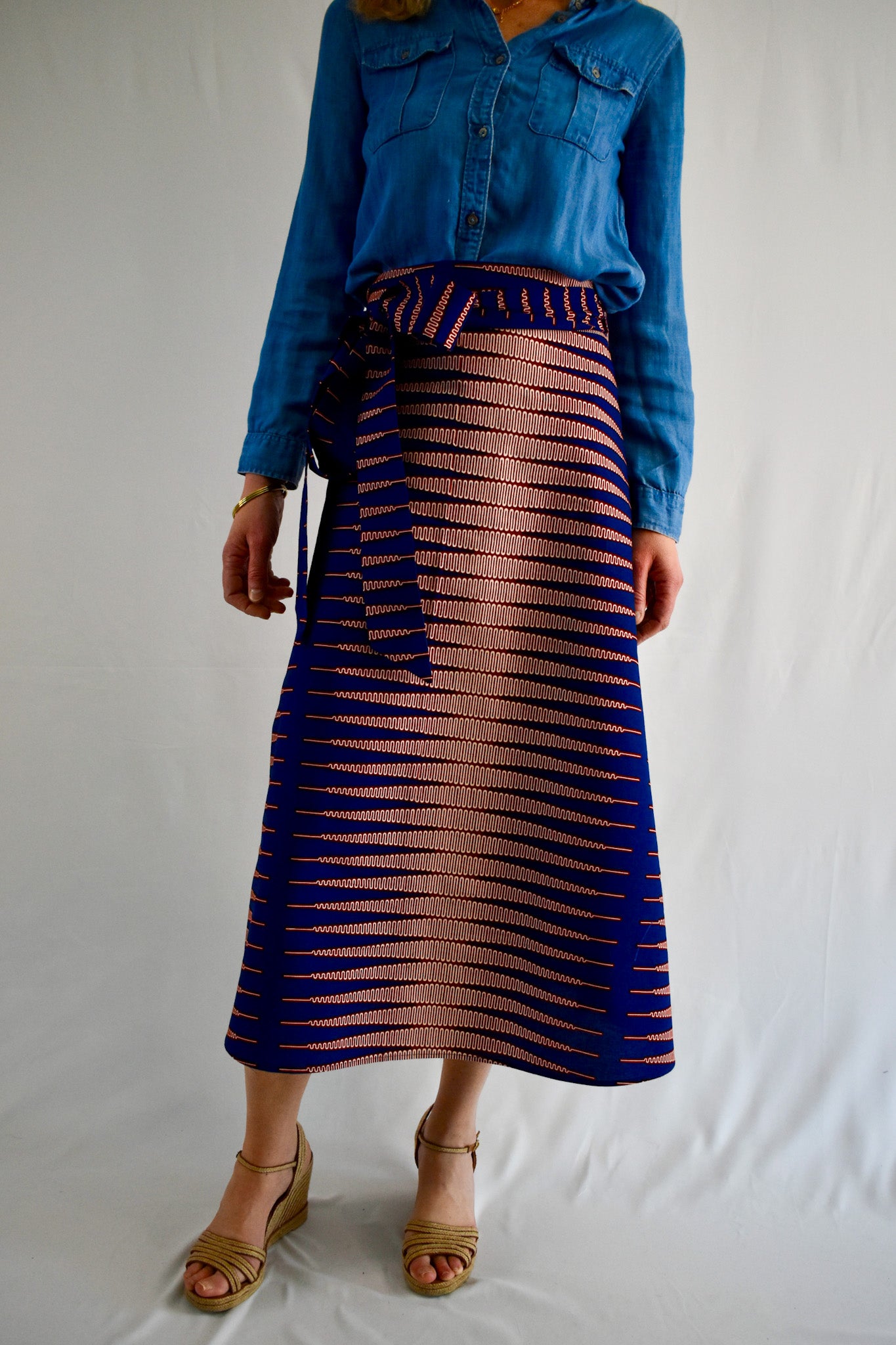Blue and Burgundy Stripes Long Wrap Skirt