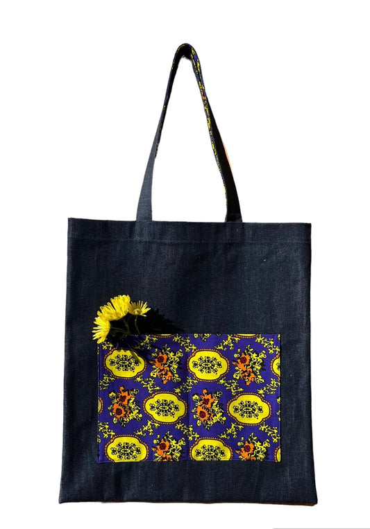 Yellow Flowers - Denim Tote Bag and African Fabric