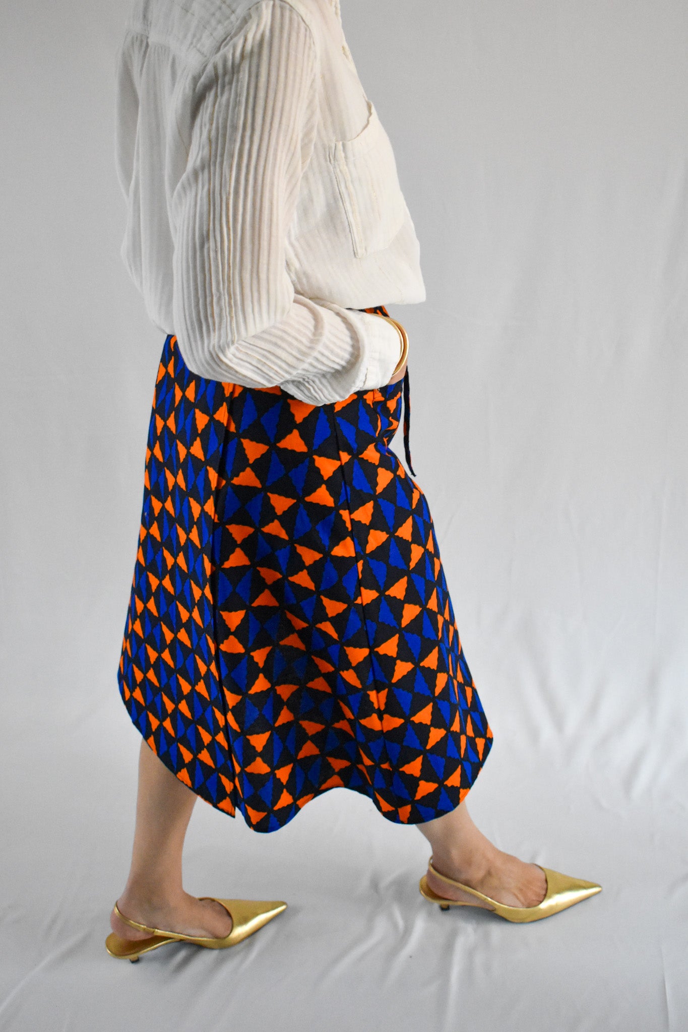 Aline Handmade Blue and Orange Losanges Midi Wrap Skirt onsēm