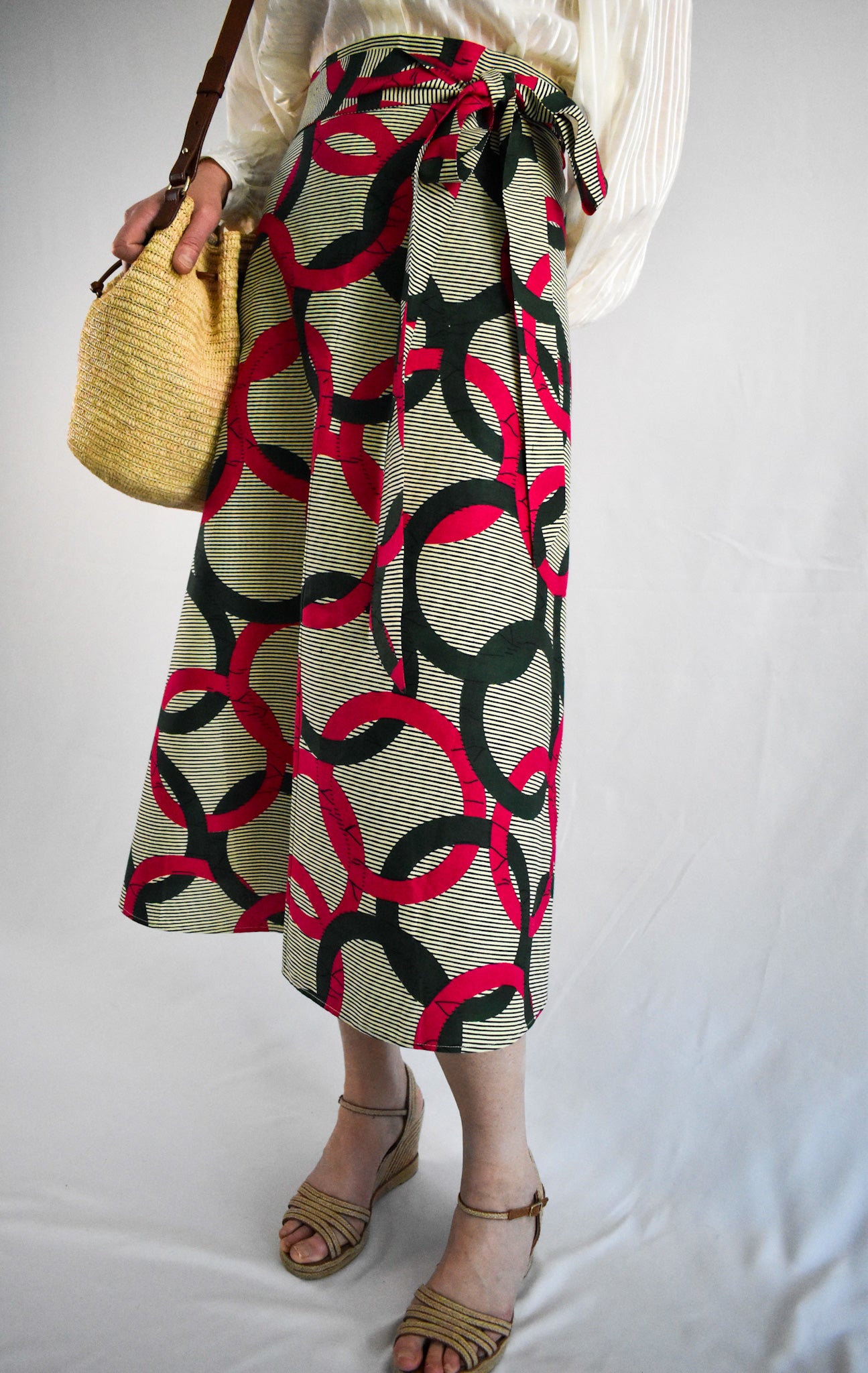 Green & Pink Circles Long Wrap Skirt