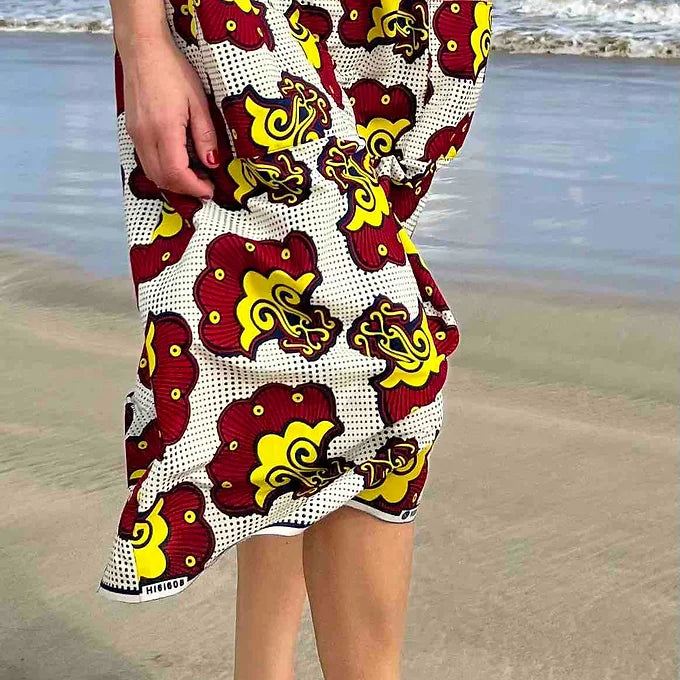 Red & Yellow Elastic Waist Midi Skirt