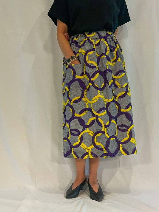 Purple & Yellow Circles Elastic Waist Midi Skirt African print