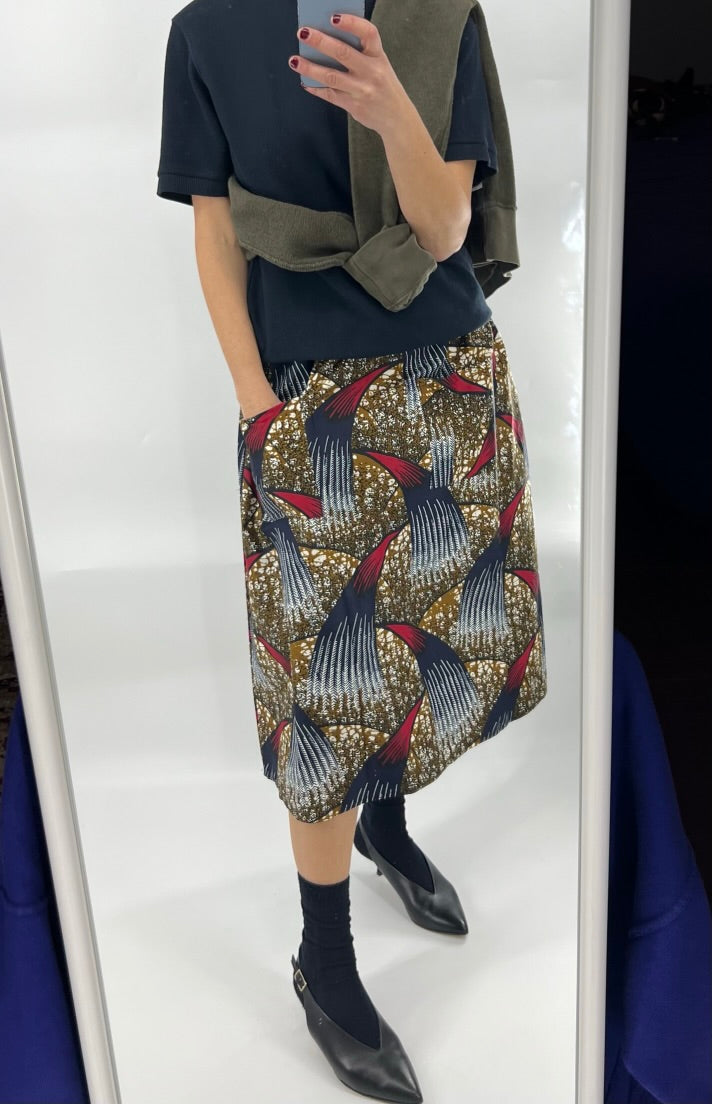 Waves Elastic Waist Midi Skirt Red Blue Olive green African Print