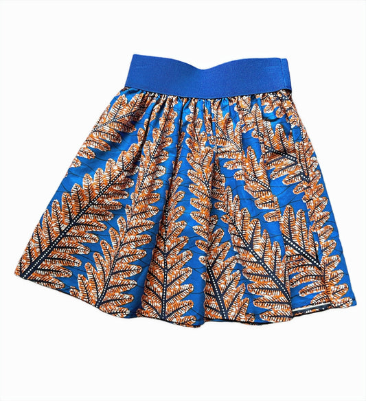 Elastic Waist Mini Skirt African Print Blue and Orange Bright blue waist band
