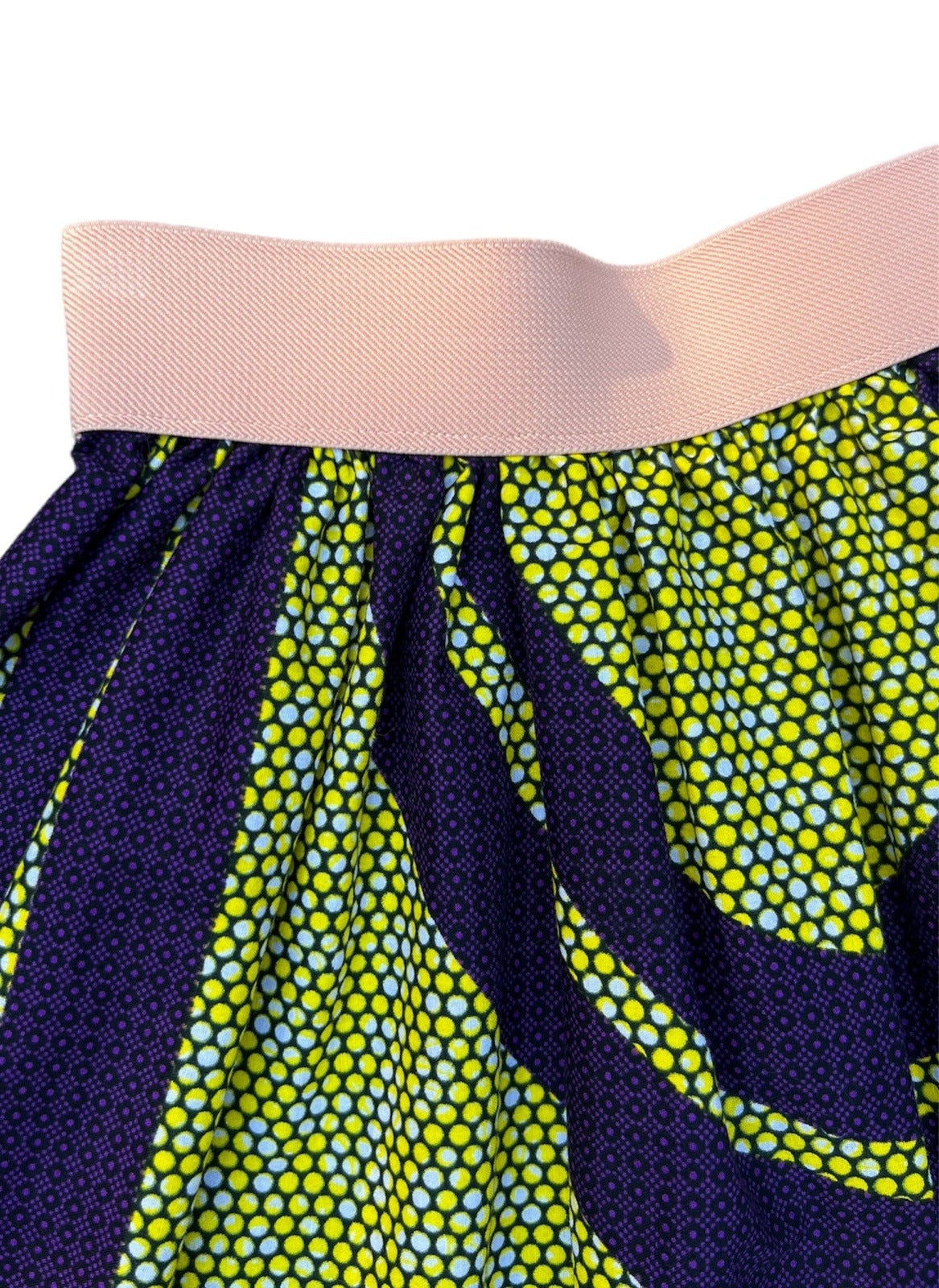 purple yellow elastic mini skirt pink belt close-up