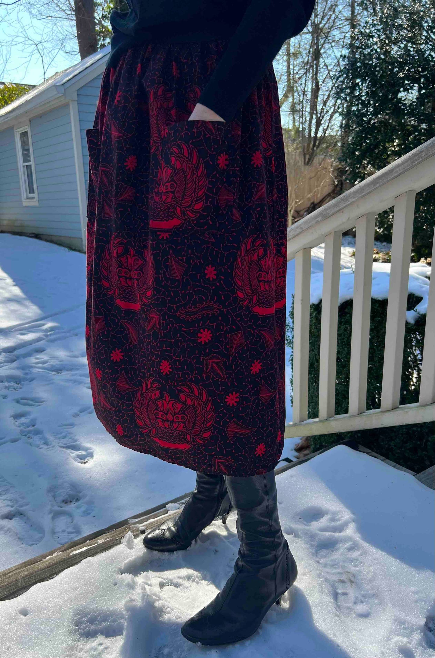 Black and Red Elastic waist midi skirt African print