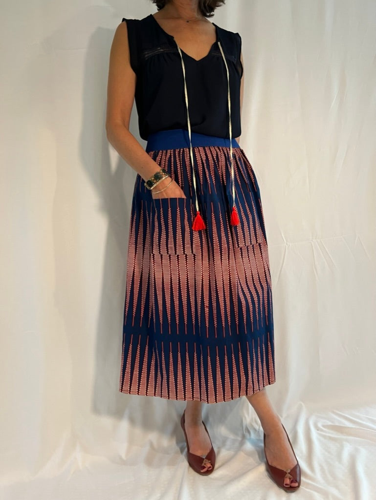 Blue & Burgundy Stripes Elastic Waist Midi Skirt