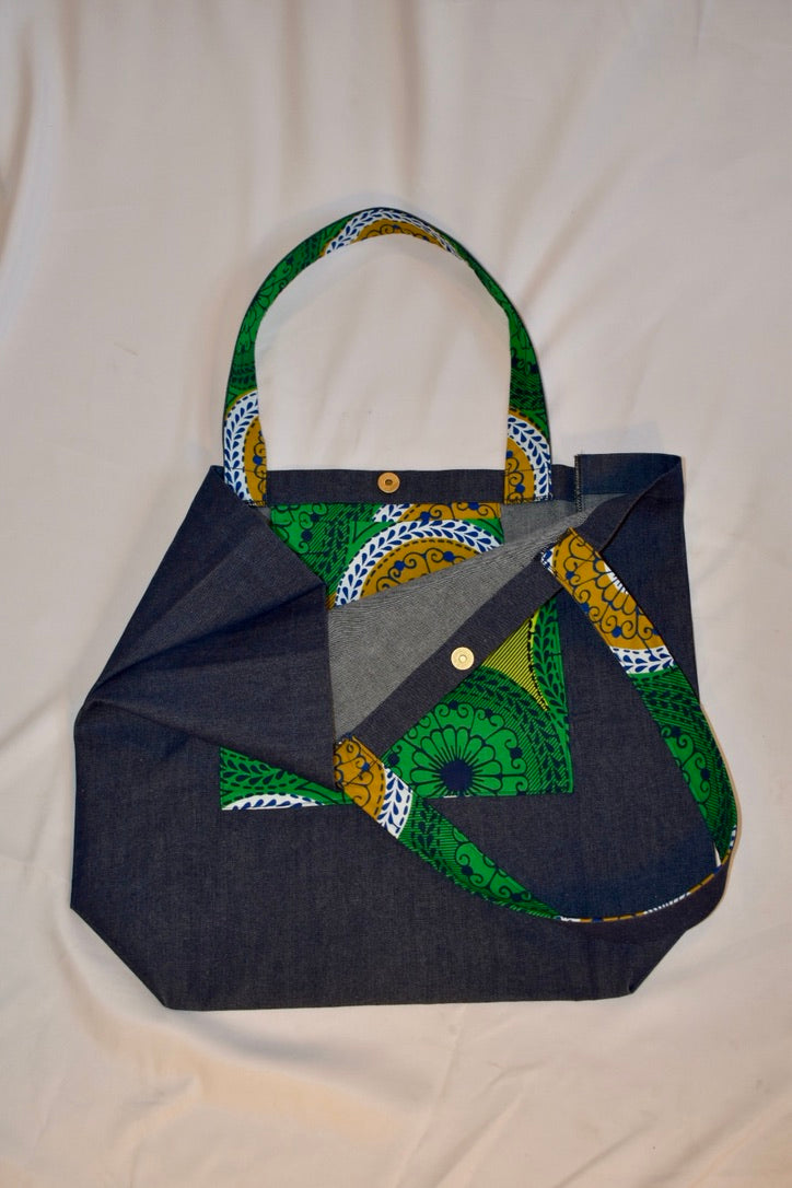 Denim Green great big bag African print open on inside pocket
