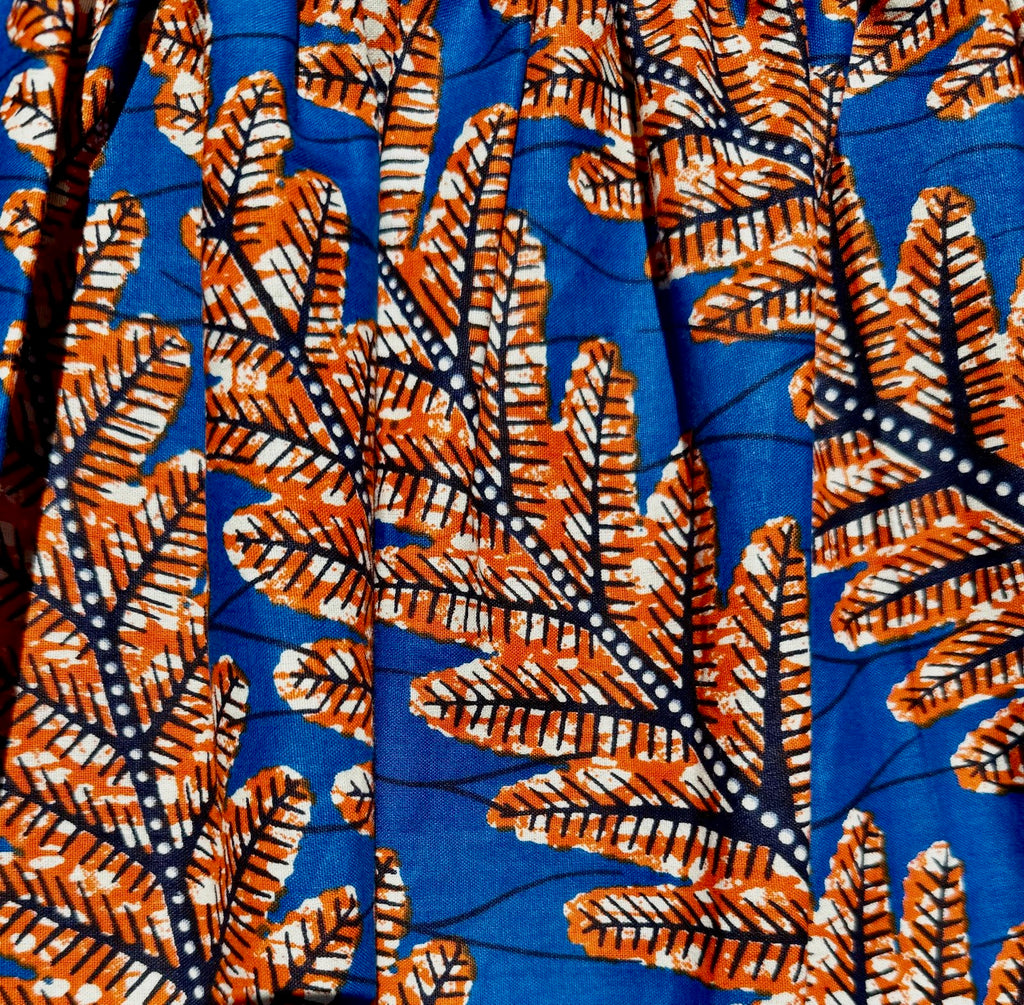 Elastic Waist Mini Skirt African Print Blue and Orange close up