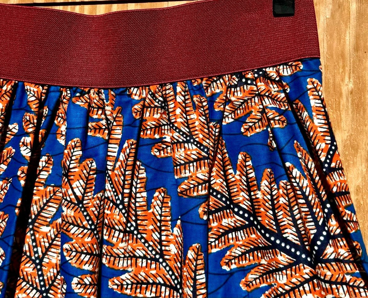 Elastic Waist Mini Skirt African Print Blue and Orange Burgundy Band Close up