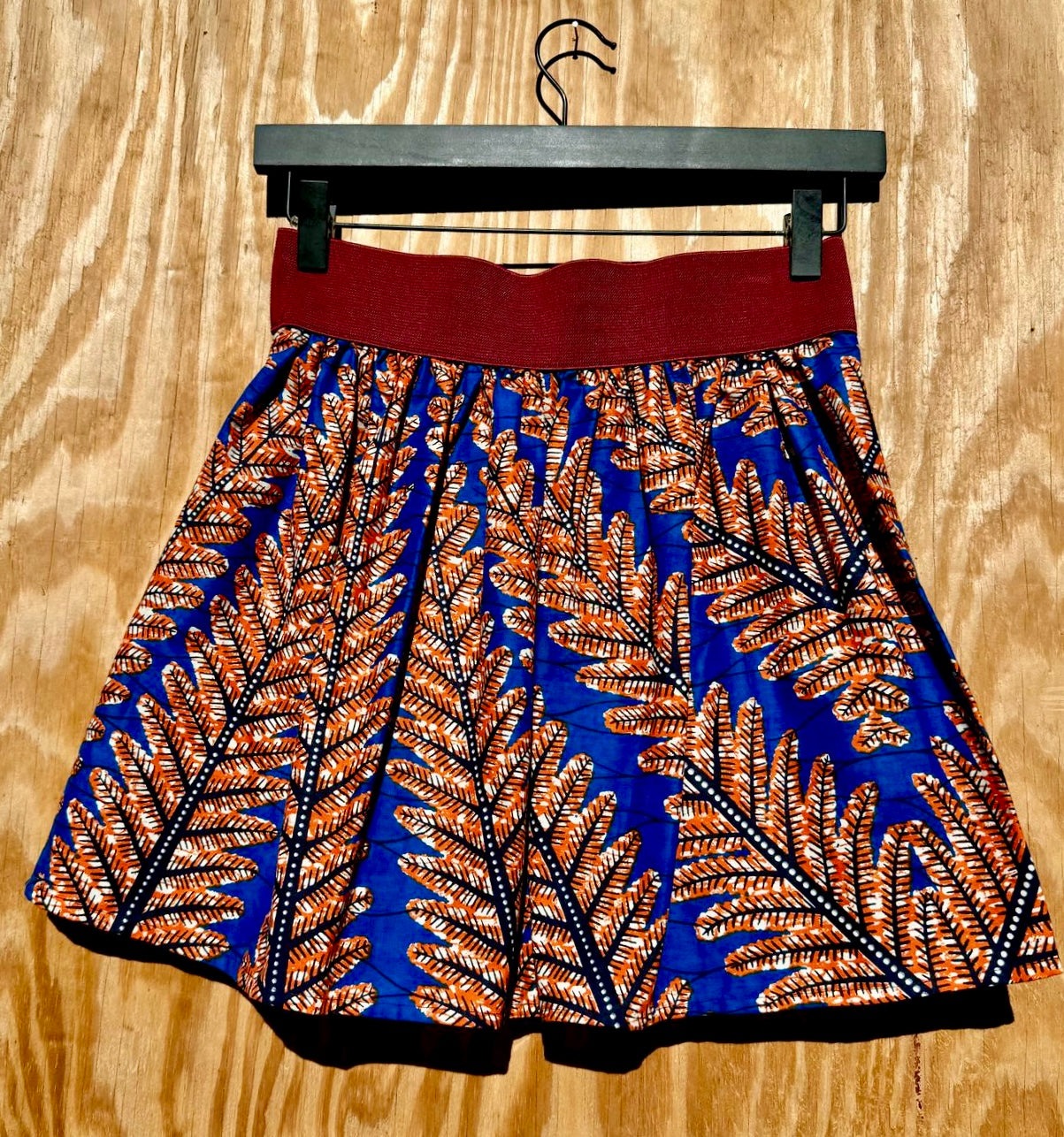 Elastic Waist Mini Skirt African Print Blue and Orange burgundy waist band