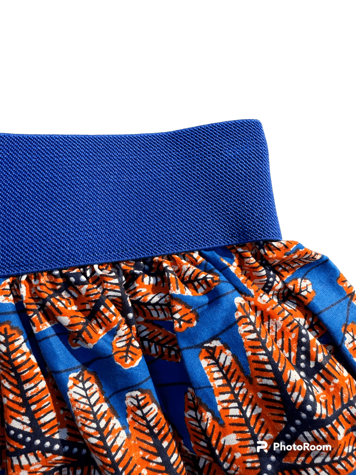 Elastic Waist Mini Skirt African Print Blue and Orange Bright blue Band Close up