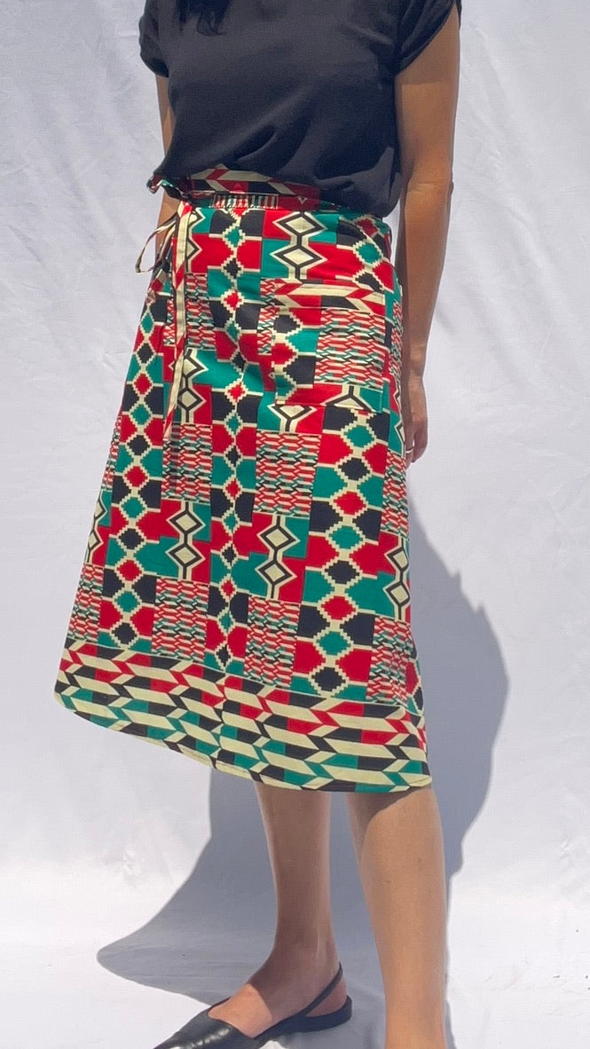 Green & Red mosaic African print Midi skirt close up