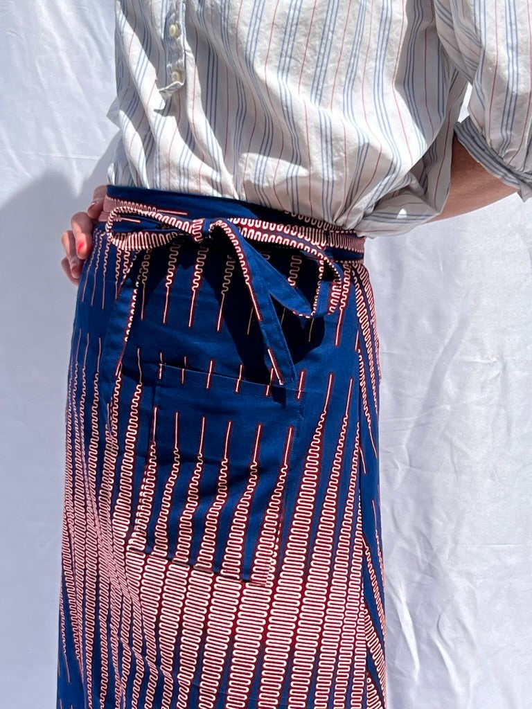 Blue and Red Stripe African Fabric midi Wrap Close up thin belt