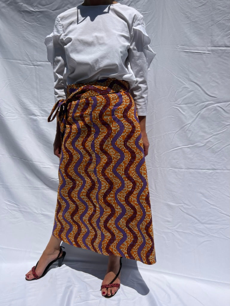 Wrap Long Skirt with Orange & Lilac African print