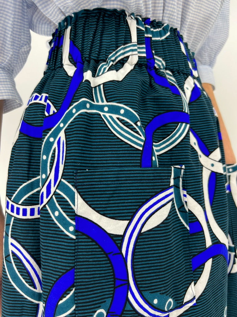 Nautique teal Elastic wait midi skirt African Print elastic in