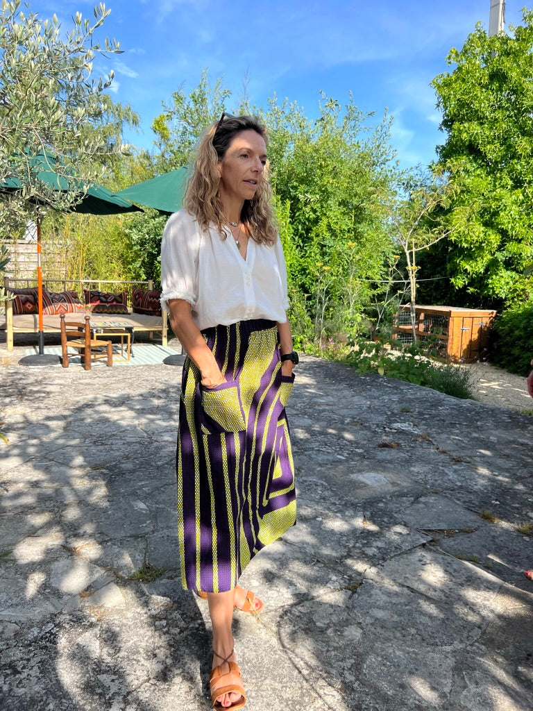 Purple & Yellow Elastic waist Midi skirt African print Garden