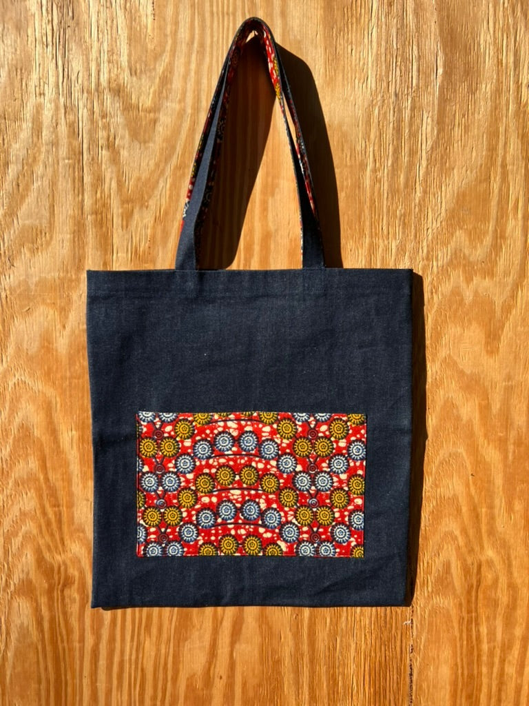 Denim Tote with stamp design African Print