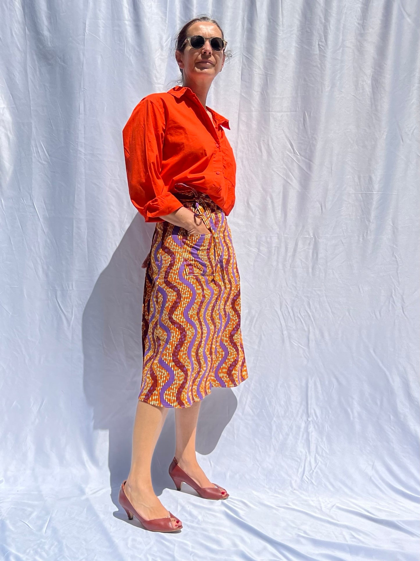 Orange & Lilac Ribbon Midi Wrap Skirt