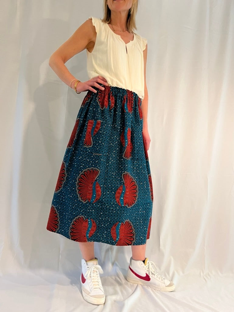 Blue & Red coffee bean Elastic waist midi skirt African print 