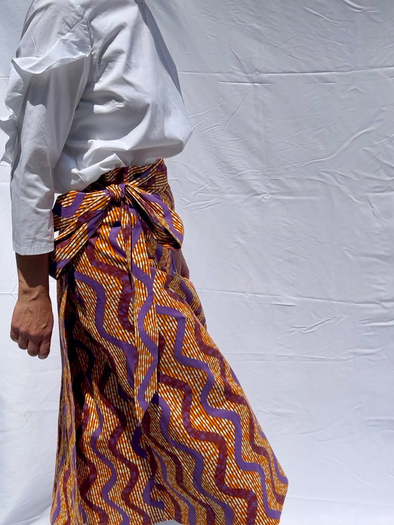 Wrap Long Skirt with Orange & Lilac African print close up