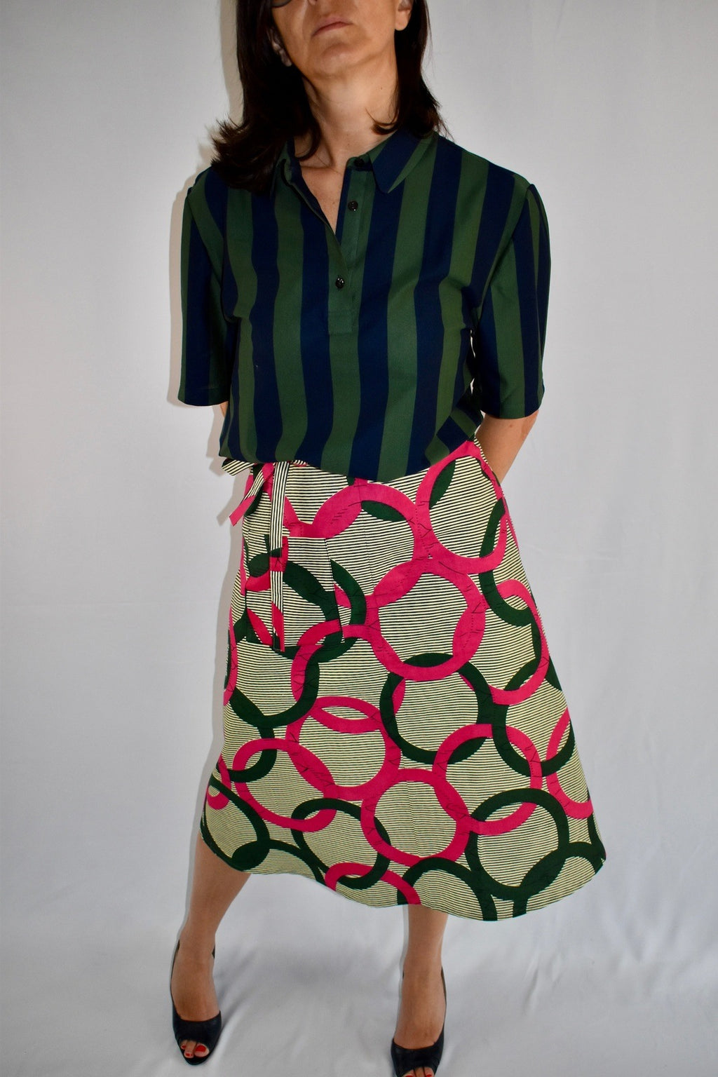 Aline Handmade Green & Pink Circles Midi Wrap Skirt onsēm