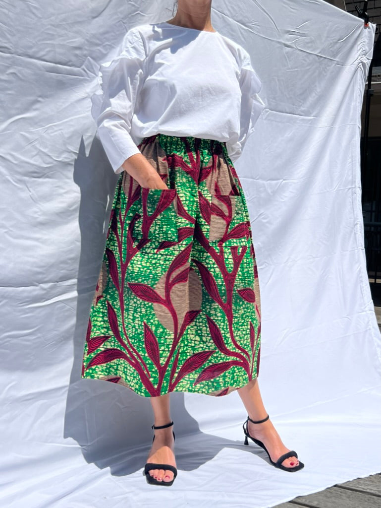 Green & Pink elastic waist midi skirt African print