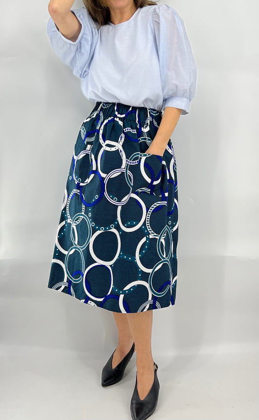 Nautique teal Elastic wait midi skirt African Print