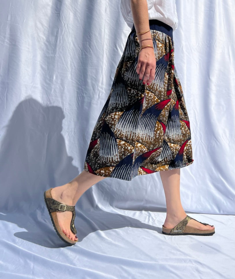 Waves Elastic Waist Midi Skirt Red Blue Olive green African Print Elastic out