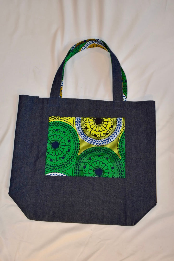 Denim Green great big bag African print Flat