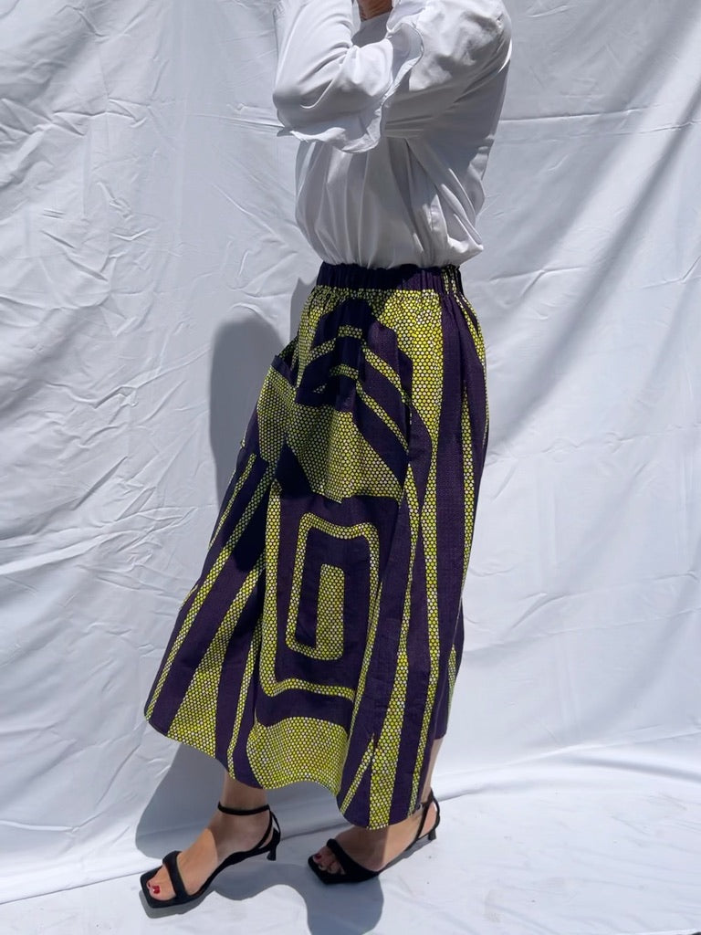 Purple & Yellow Elastic waist Midi skirt African print