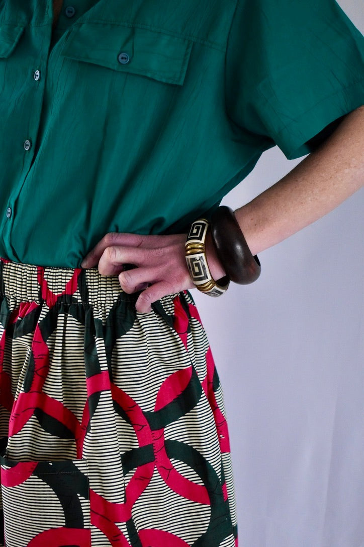 Green & Pink Circles Elastic Waist Midi Skirt Close up