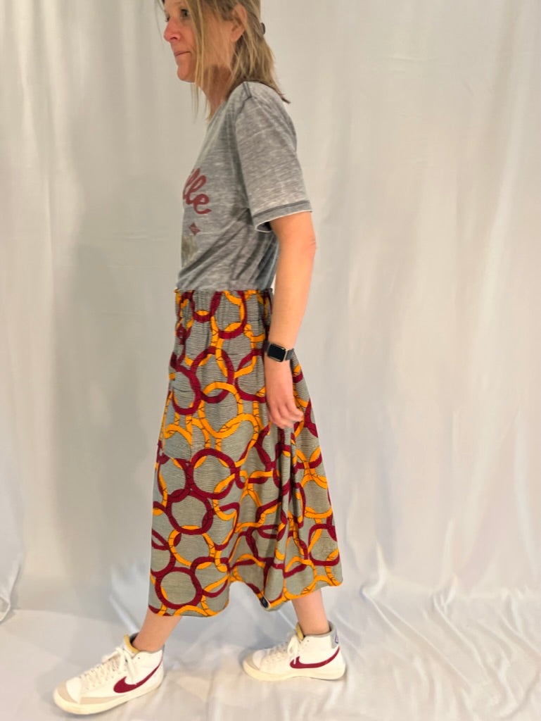 Orange & red Circles elastic waist midi skirt African Print