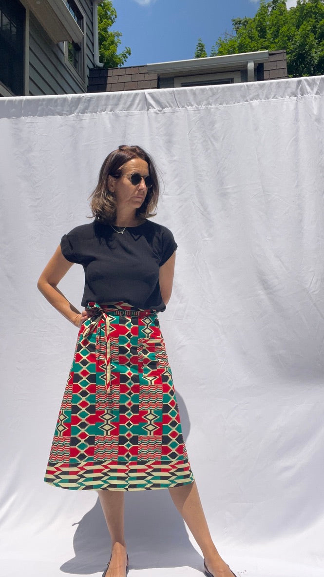 Green & Red mosaic African print Midi skirt